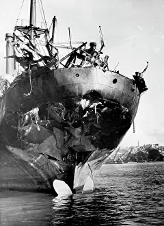 Sunk Prints: Battered -- Stern of the damaged freighter which reached port after being torpedoed off the NSW coast