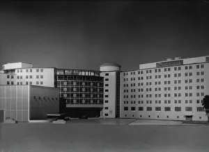 1955 Prints: BBC Television Centre - General ground view from North of a model of the main block and future 'Spur'