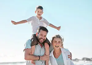 Shoulder Prints: Beach, parents and kid on shoulder in portrait for holiday adventure together on tropical island with smile