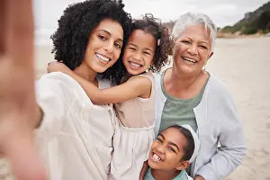 Grandma Prints: Beach selfie, grandma or mom with happy kids in nature on family holiday vacation taking photograph