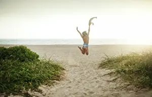 Fresh Air Prints: Beach, woman and jumping with fun on break for summer holiday