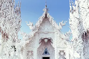 Oriental Prints: Beautiful bright white oriental palace with clear pond statues