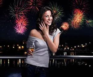 Beverage Prints: Beautiful brunette on a fireworks background
