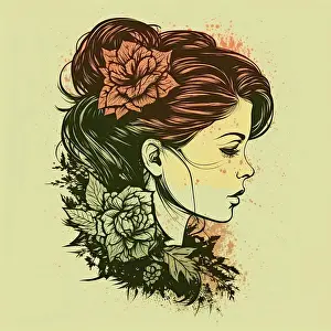 Fashion Prints: Beautiful female profile. Pretty woman with a cute hairstyle with flowers on a colored background