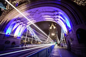: Beautiful night view to car lights on long exposure in Tower Bridge