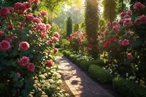 Rose Prints: Beautiful rose garden in full bloom. Generative AI