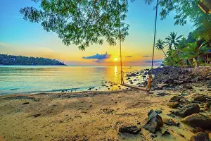Dawn Prints: Beautiful sunset over the beach with coconut palm tree and hangi