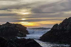Rocks Prints: Beautiful Sunset & Crashing Waves in Bodega Bay, California