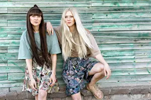 Attractive Prints: two beautiful twin girls make style in wood backround, sunset