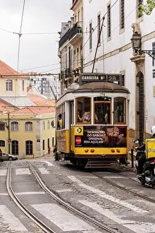 Public Transport Prints: Beautiful view to old historic electric street tram and building
