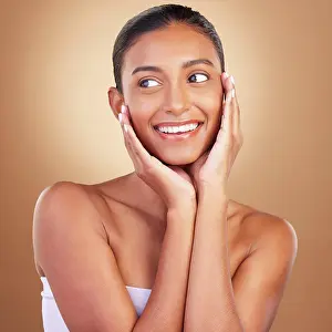 Skincare Prints: Beauty, skincare and touch with indian woman in studio for happy