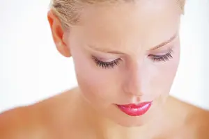 Lips Prints: Beauty, studio face and relax woman with facial makeup