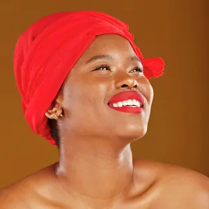 Studio Background Prints: Beauty, thinking and black woman with skincare and head wrap with smile isolated in brown studio background