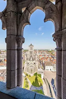 Flanders Prints: Belgium, Ghent, old town, cityscape with St. Nicholas Church