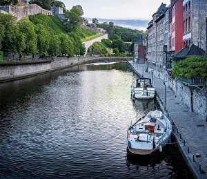 Orientation Prints: Belgium, Namur Province, Namur, Motorboats moored along city canal