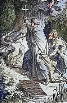 Notes Prints: Biblical story, Saint Pirmin overcomes the dragon with the cross