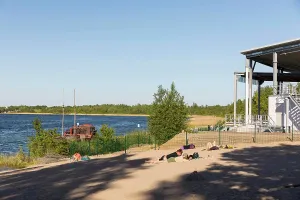 Technik Prints: Biedermeier Beach Hayna with Beach Stage on Lake Schladitz