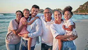 Spending Prints: Big family, happy and beach portrait of people with girl children by the sea at sunset