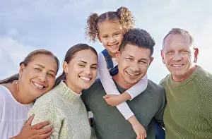 Grandparents Prints: Big family, smile and portrait with child by blue sky for outdoor adventure