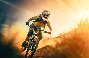 Thrill Prints: biker female wearing helmet and aprons going down the hill