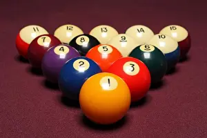 Nightlife Prints: Fifteen billiard balls arranged in triangle on pool table