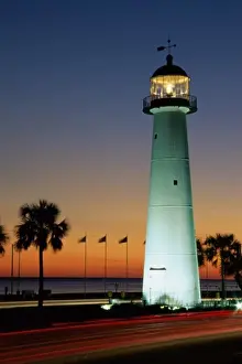 Protection Prints: Biloxi Lighthouse lit up at night, Biloxi, Mississippi, USA