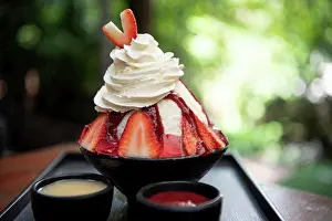 Pink Prints: Bingsu or Bingsoo (Patbingsu) is a popular Korean shaved ice dessert with sweet toppings that may include chopped fruit