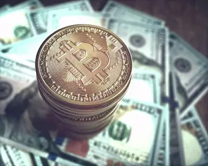 Computer Generated Imagery Prints: Bitcoin and one hundred US dollar notes, illustration