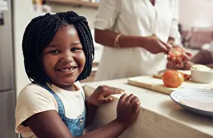 Prepare Prints: Black child, portrait and smile in home kitchen with mom