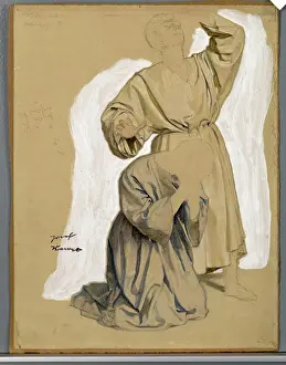 Composition Prints: Black and colored chalk drapery study by Josef Wawra