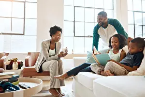 Pajamas Prints: Black family, reading book and children on couch with smile