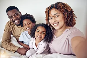 Selfie Prints: Black family, selfie smile and portrait in home bedroom