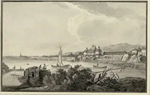 Composition Prints: Black feder and brush drawing by Johann Heinrich Troll from 1782 depicting Pillnitz Castle on the Elbe from Pillnitz