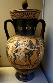 Costumes Prints: Black figured amphora, depicting men in padded costumes dancing with nude females