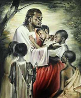 Religious Elements Prints: Black Jesus Blesses the Children 20th Century Joe Cauchi (1918-1986 American) Oil on Canvas