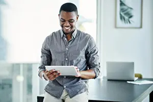 Opportunity Prints: Black man, tablet and happy in office for professional career