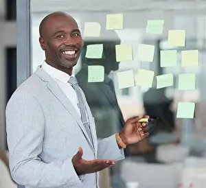 Schedule Prints: Black man, working portrait and board writing for corporate law schedule with happiness