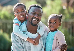 Chill Prints: Black people, dad and kids with smile in garden on portrait for bonding
