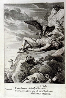 Eaten Prints: Black and white engraving illustration of Prometheus chained and having his liver eaten by a bird