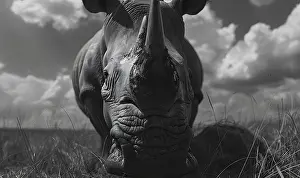 Tough Prints: A black and white image of a majestic rhinoceros standing in the grassy landscape