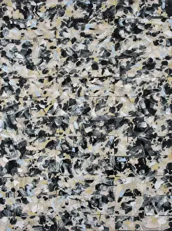 Collage Prints: Black, white and other neutral tones consume this painting with interwoven marks that emerge