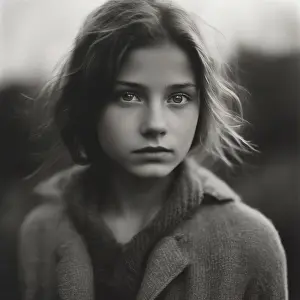 Soft Focus Prints: Black and white portrait of young woman with windswept hair wearing a cozy knit sweater