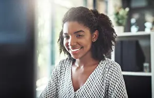 Invest Prints: Black woman, computer and finance website in office
