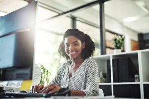 Invest Prints: Black woman, computer and portrait for report in office