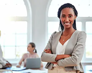 Successful Prints: Black woman, entrepreneur and leader stand in office happy