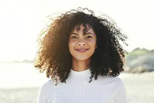 Afro Prints: Black woman, face and portrait at beach for vacation
