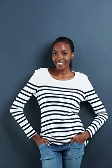 Pocket Prints: Black woman, happy and portrait in studio with confidence and trendy fashion by blue background