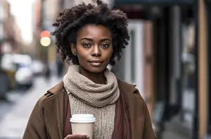 Attractive Prints: Black woman holds coffee, generative ai