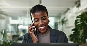 Notes Prints: Black woman, phone call and plan on laptop in office
