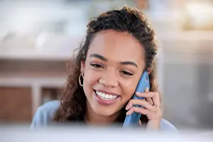 Cellphone Prints: Black woman, phone call and typing on computer in office
